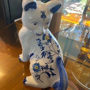 10in Ceramic Cobalt Blue & White Cat Statue